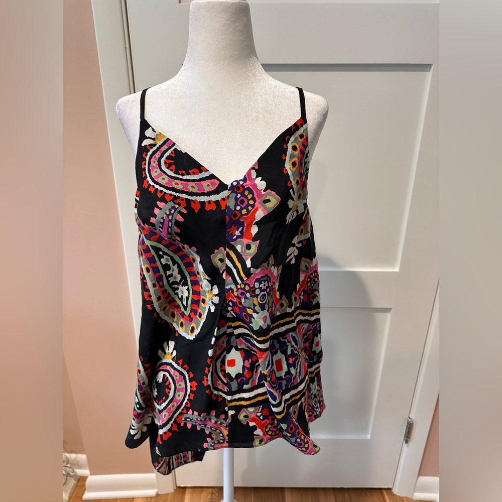 Anthropologie brand size XS 100% silk multicolor paisley on black tank top